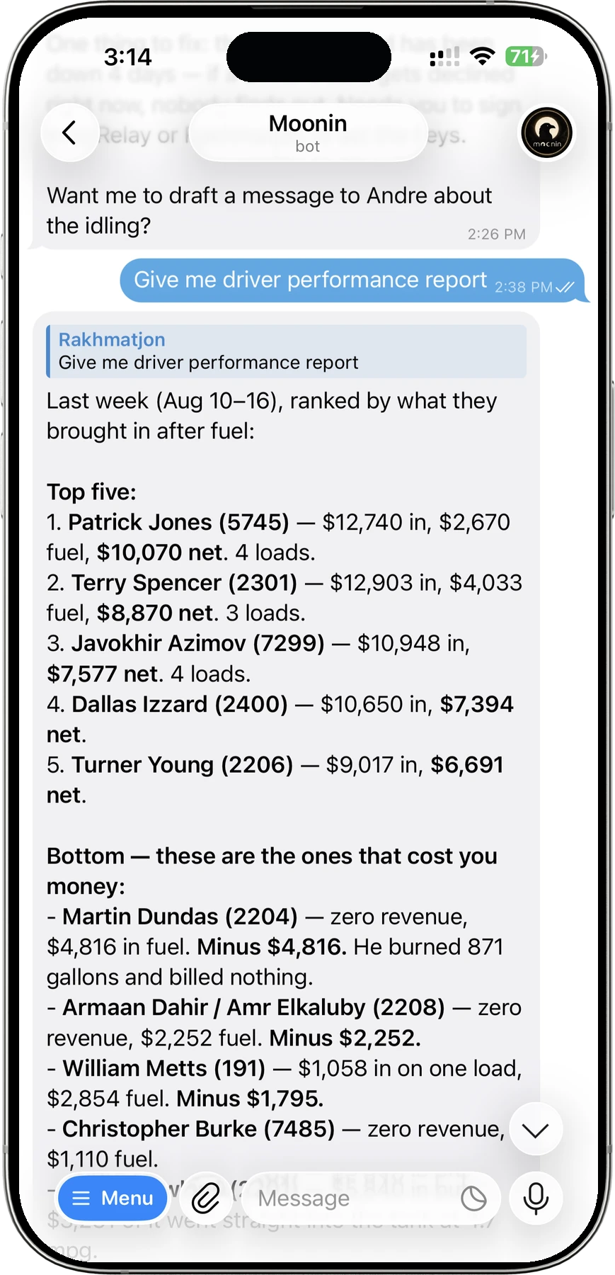 Moonin ranking last week's drivers by what they brought in after fuel — and naming the ones that cost money