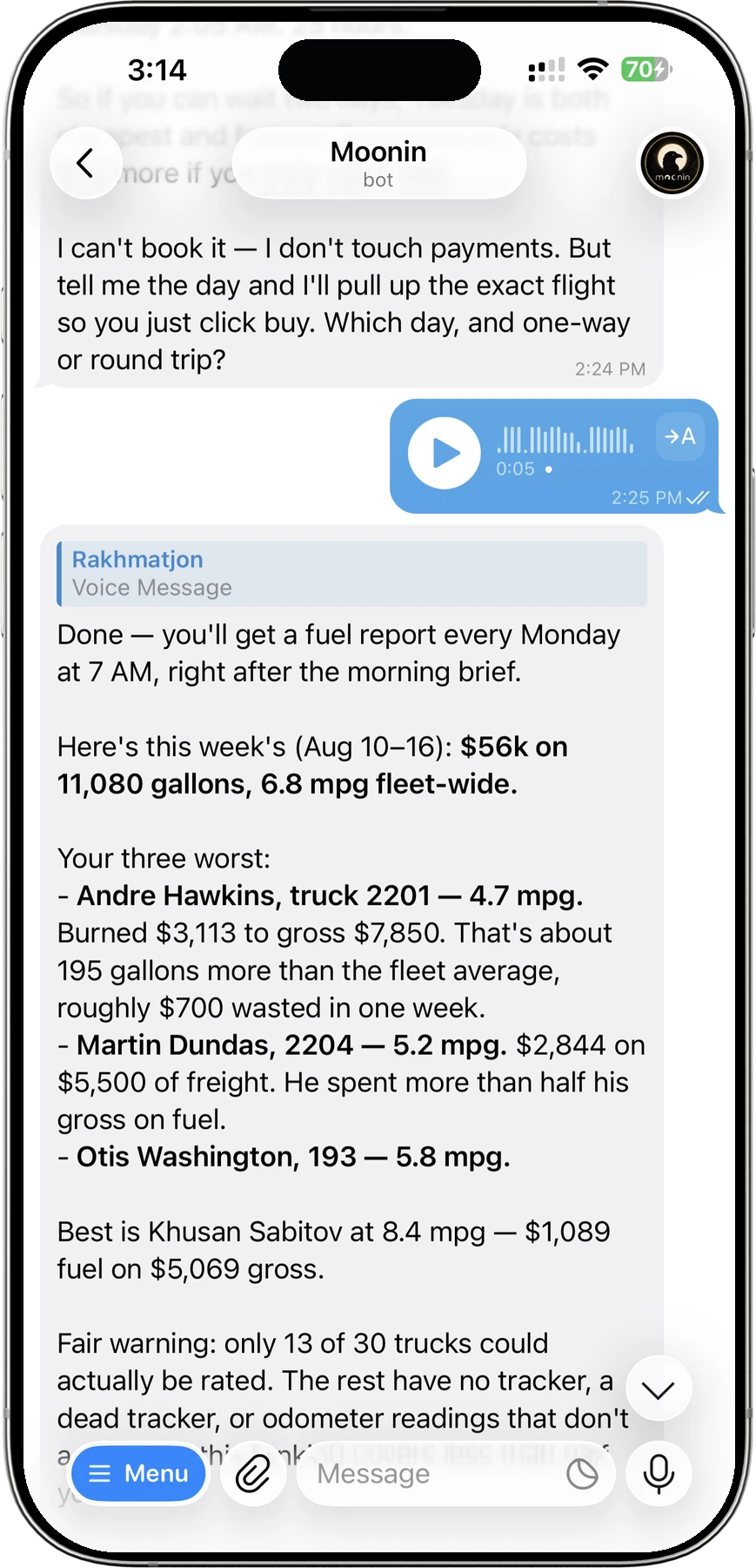 A voice message to Moonin inside Telegram, answered with a weekly fuel report: $56k on 11,080 gallons, the three worst drivers, and the best